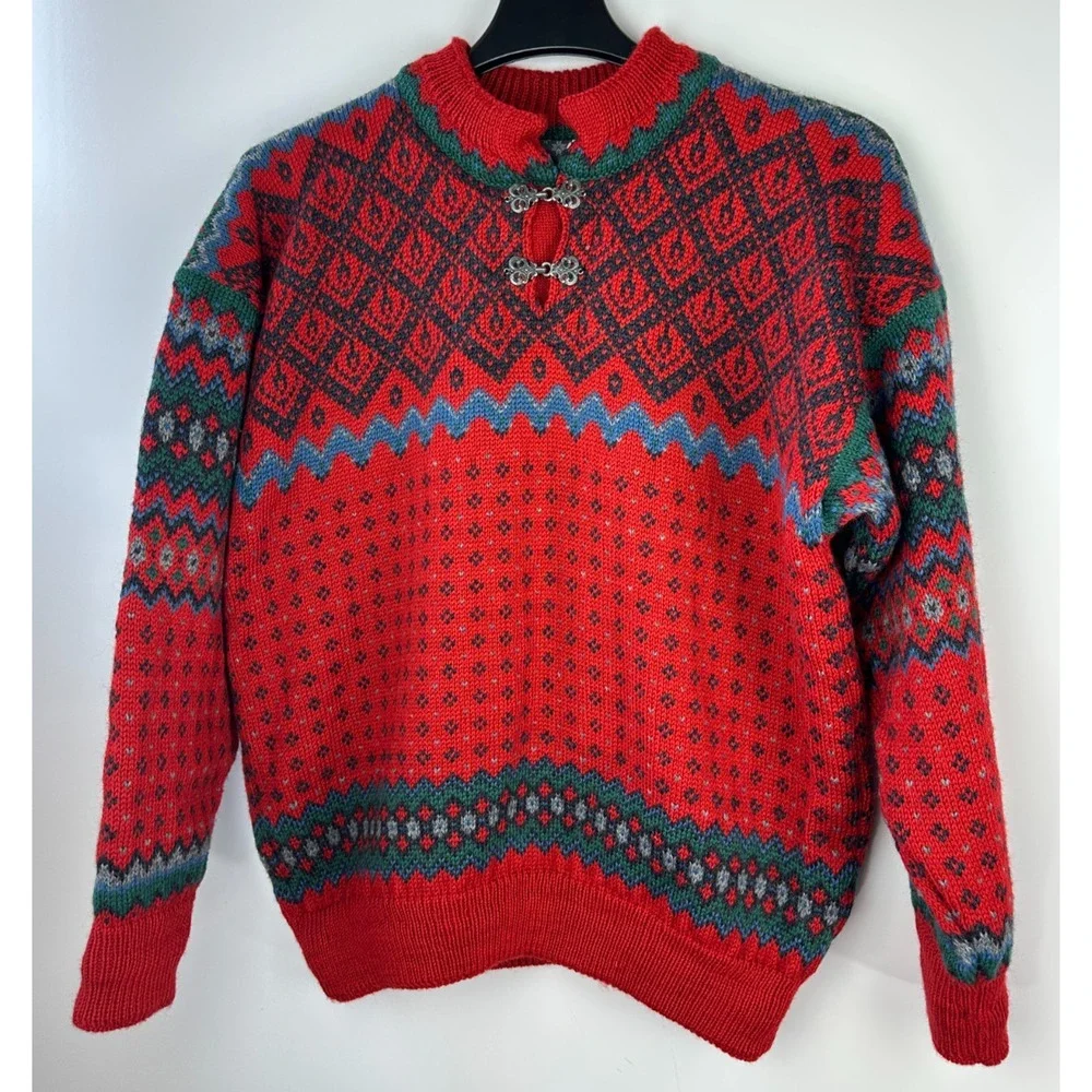 Dale Of Norway Pure Wool Lined Heavyweight Sweater Red Nordic Print Clasp Large - Picture 2 of 16